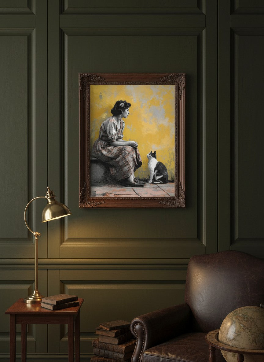Vintage Woman Cat Art art print shown in a dark olive study setting