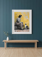 Vintage Woman Cat Art art print shown in a deep teal modern setting