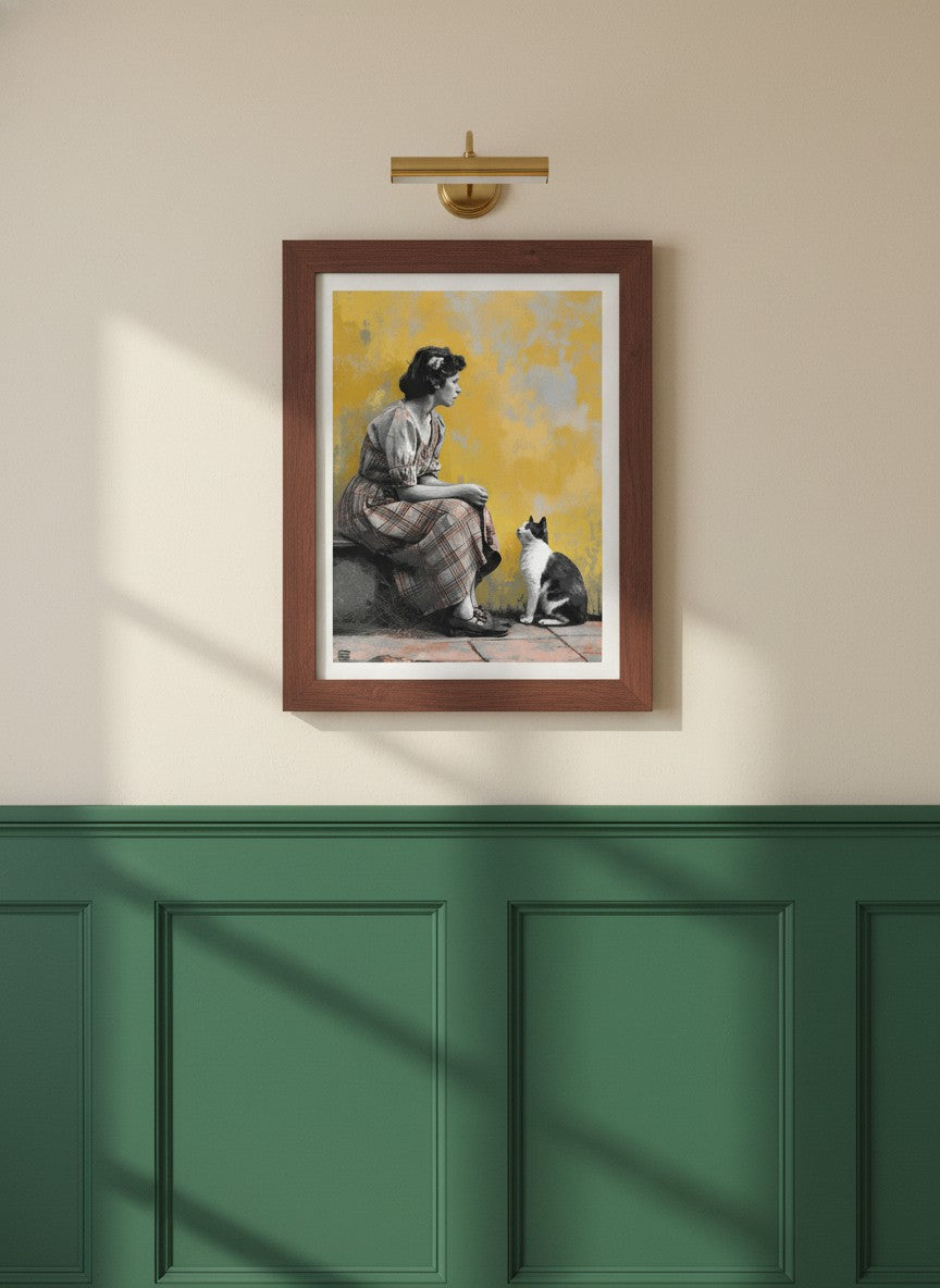 Vintage Woman Cat Art art print shown in a forest green walnut setting