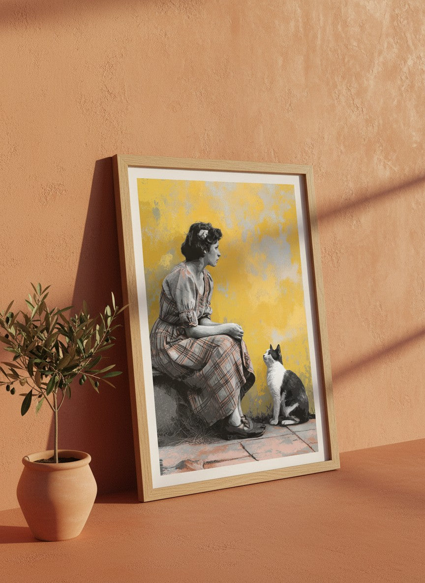Vintage Woman Cat Art art print shown in a terracotta rustic setting