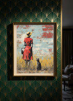 Woman Cat Field Vintage Art art print shown in a art deco geometric setting