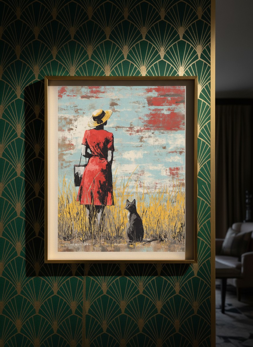 Woman Cat Field Vintage Art art print shown in a art deco geometric setting