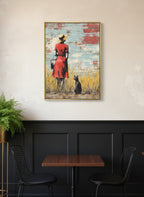 Woman Cat Field Vintage Art art print shown in a black wainscoting gold setting
