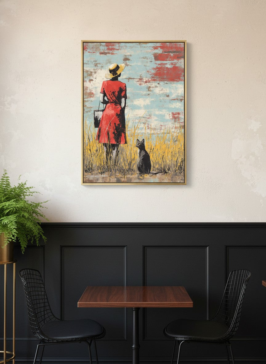 Woman Cat Field Vintage Art art print shown in a black wainscoting gold setting