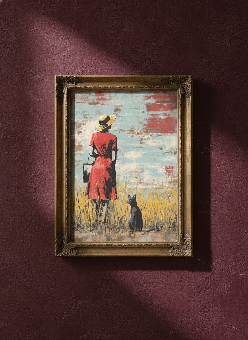 Woman Cat Field Vintage Art art print shown in a burgundy brass setting