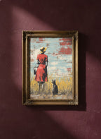 Woman Cat Field Vintage Art art print shown in a burgundy brass setting