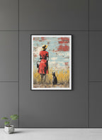 Woman Cat Field Vintage Art art print shown in a charcoal minimal black setting