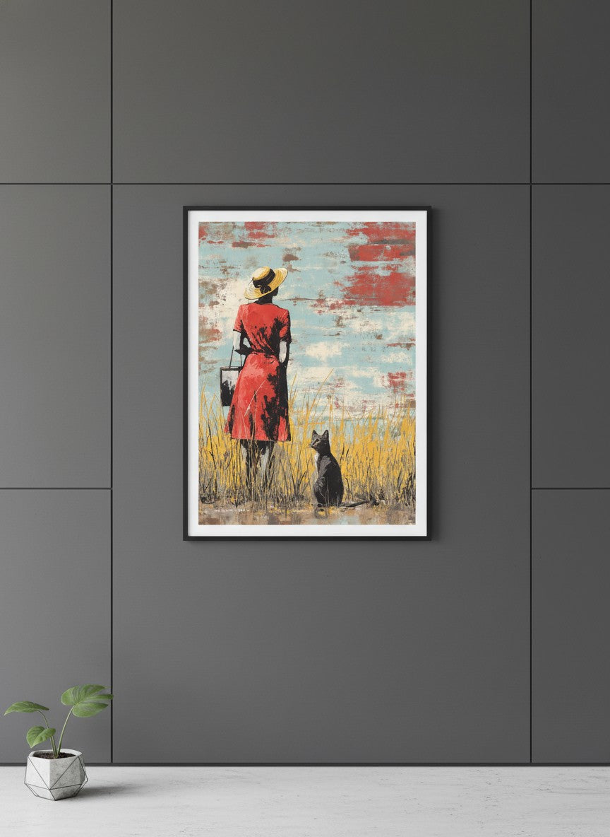 Woman Cat Field Vintage Art art print shown in a charcoal minimal black setting