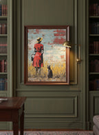 Woman Cat Field Vintage Art art print shown in a dark olive study setting