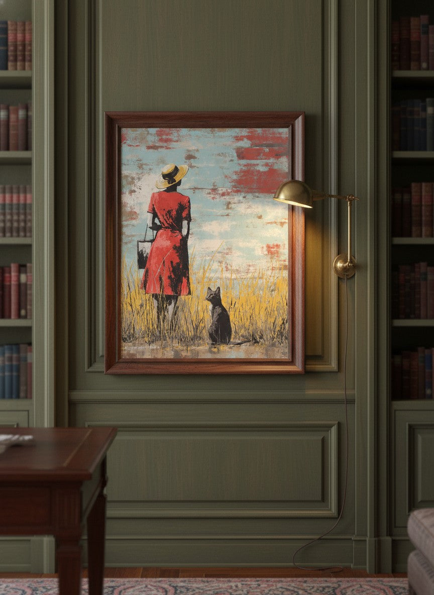 Woman Cat Field Vintage Art art print shown in a dark olive study setting