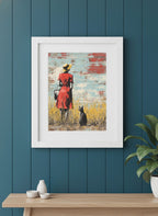 Woman Cat Field Vintage Art art print shown in a deep teal modern setting