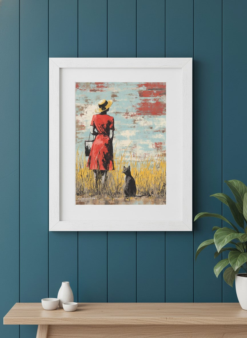 Woman Cat Field Vintage Art art print shown in a deep teal modern setting