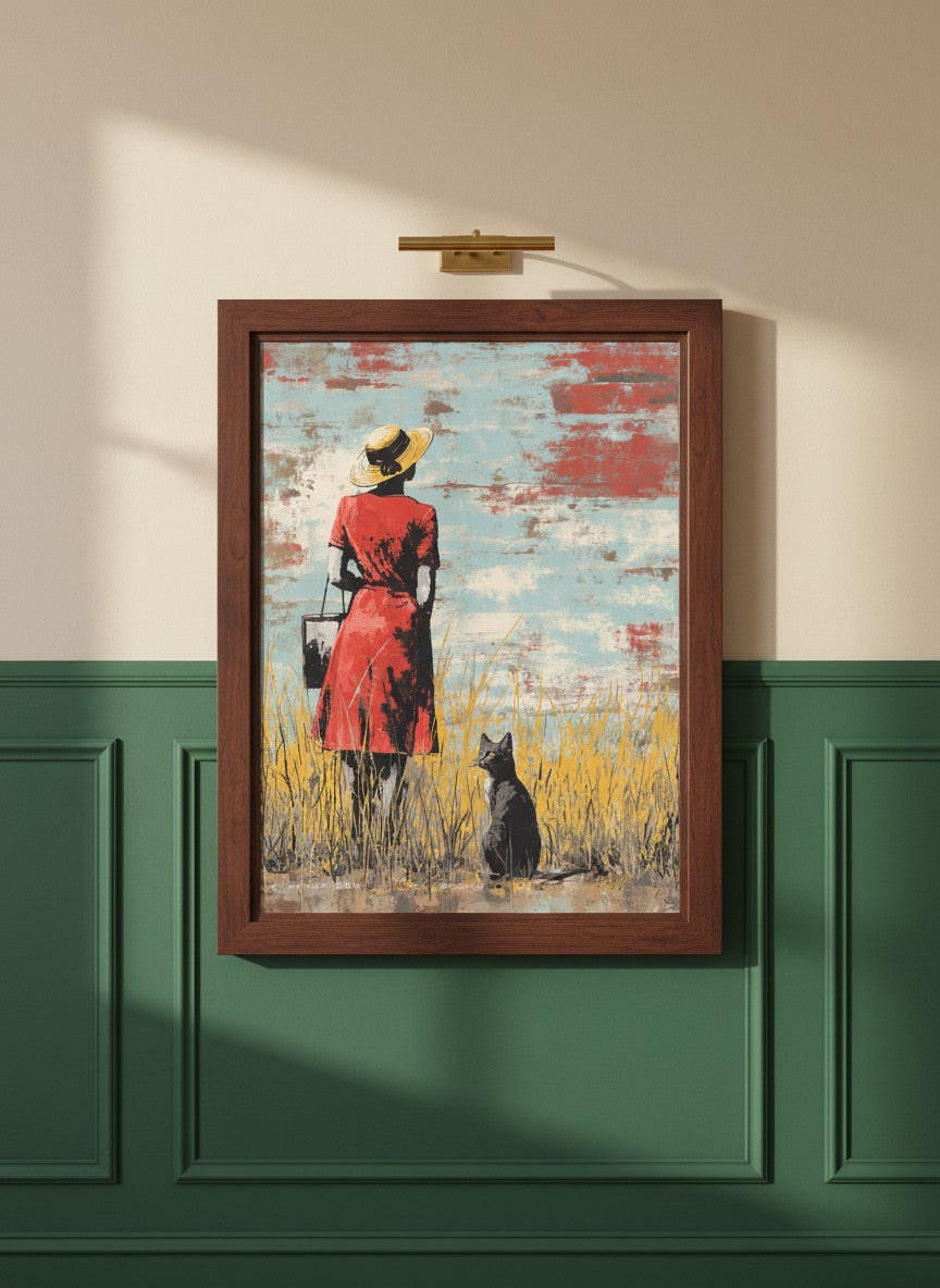 Woman Cat Field Vintage Art art print shown in a forest green walnut setting