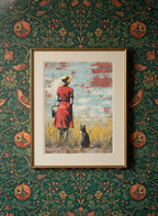 Woman Cat Field Vintage Art art print shown in a maximalist floral brass setting