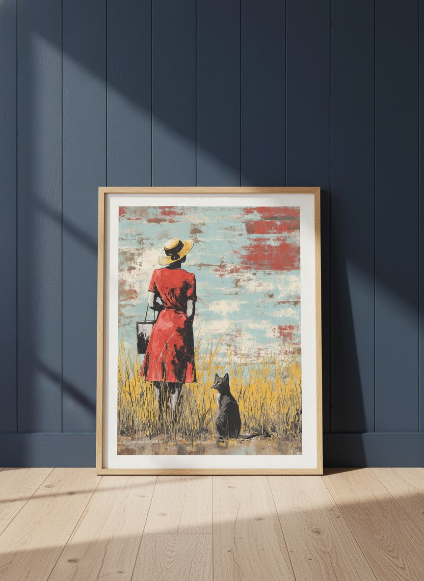 Woman Cat Field Vintage Art art print