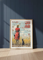 Woman Cat Field Vintage Art art print