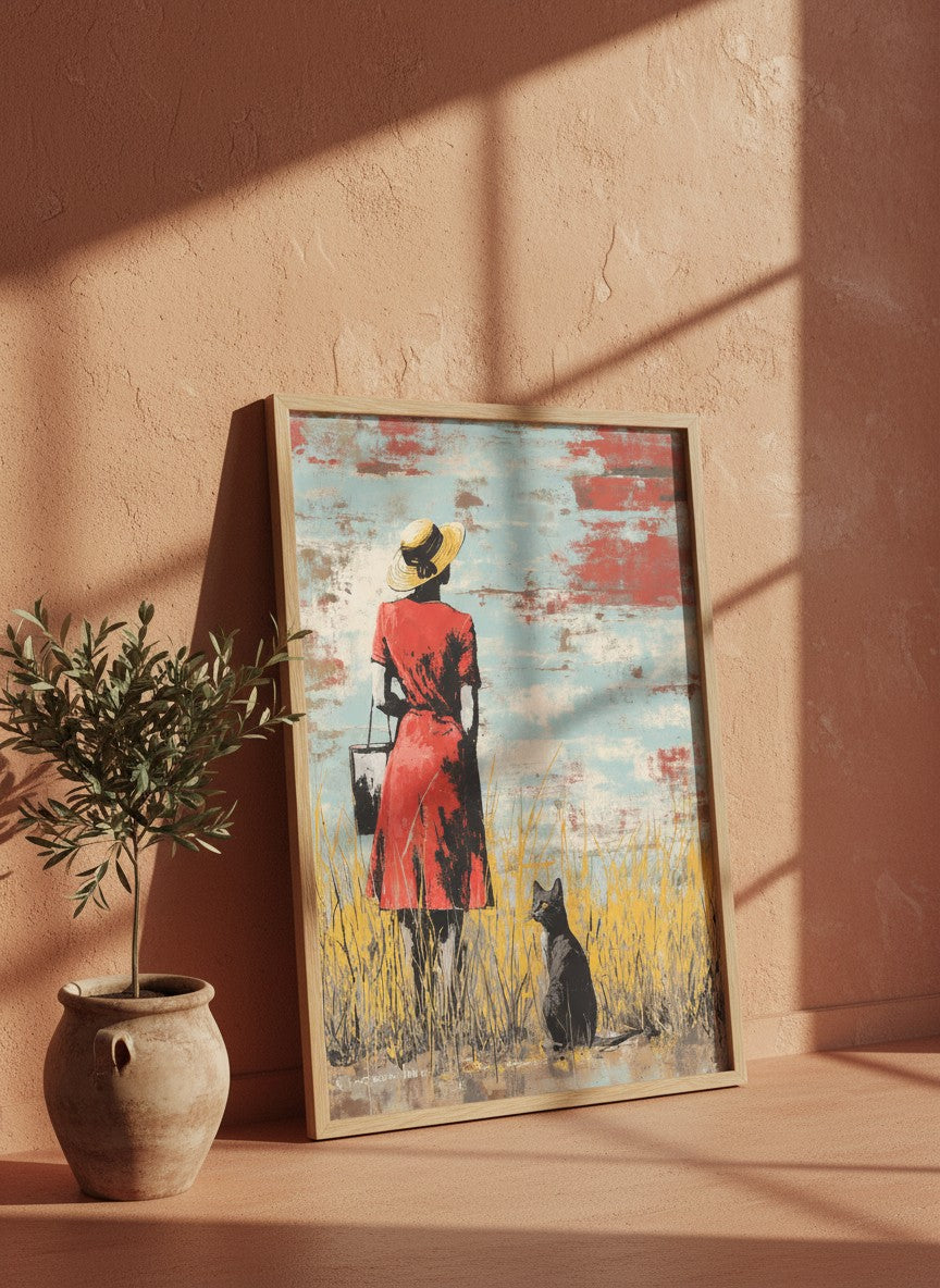 Woman Cat Field Vintage Art art print shown in a terracotta rustic setting