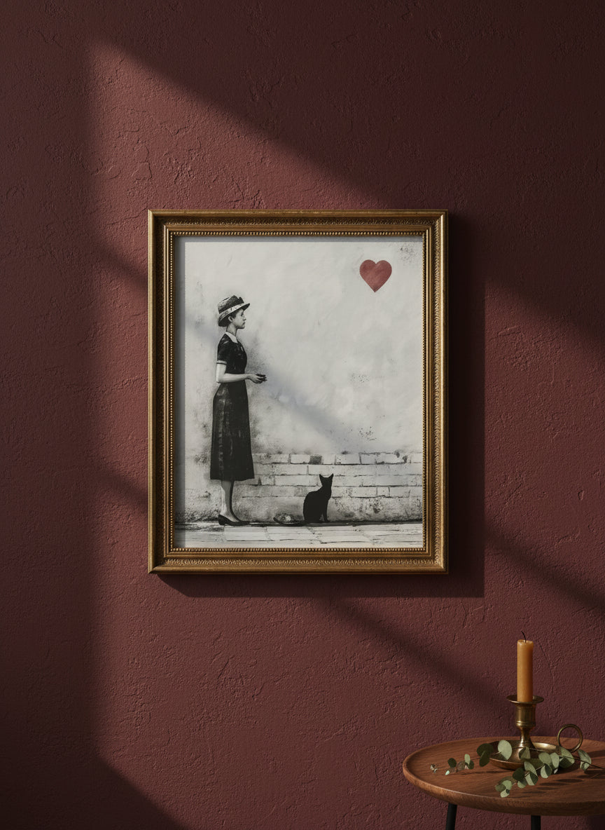 Woman Black Cat Heart Art art print shown in a burgundy brass setting