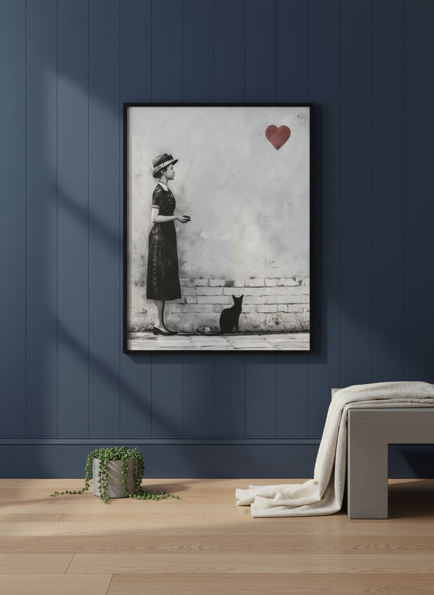Woman Black Cat Heart Art art print shown in a charcoal minimal black setting