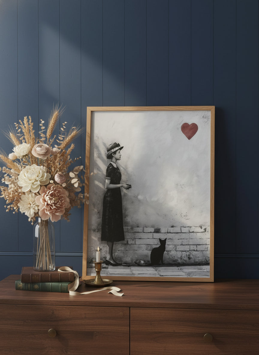 Woman Black Cat Heart Art art print shown in a dresser dried florals setting
