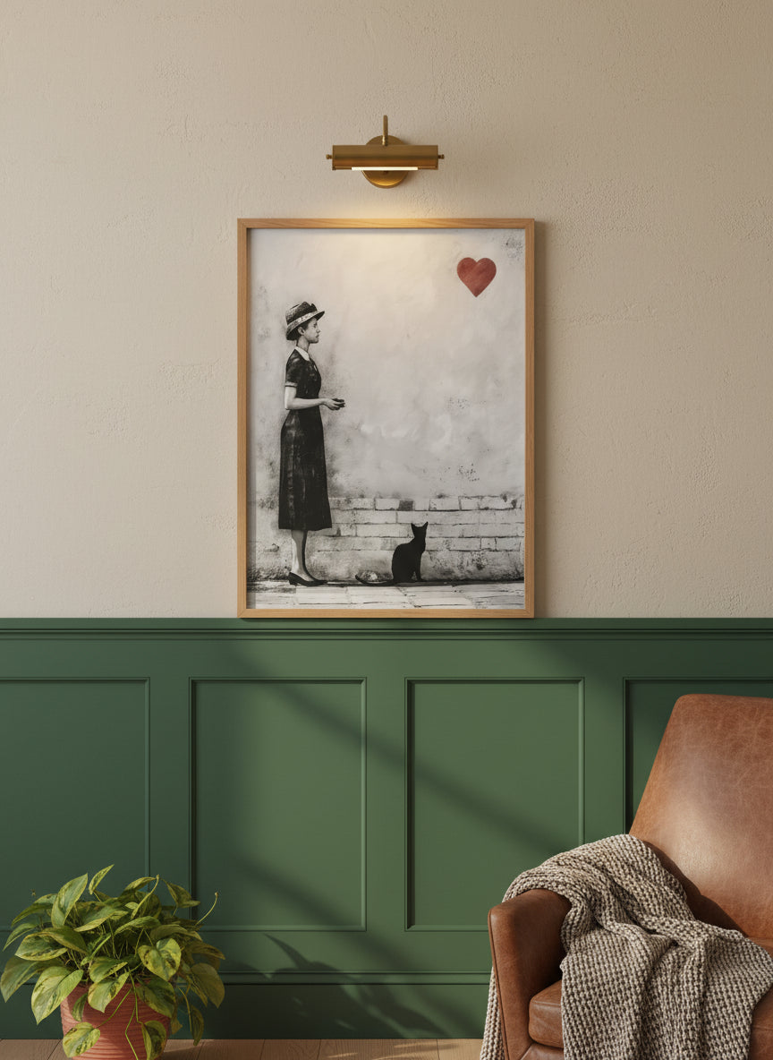 Woman Black Cat Heart Art art print shown in a forest green walnut setting