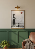 Woman Black Cat Heart Art art print shown in a forest green walnut setting