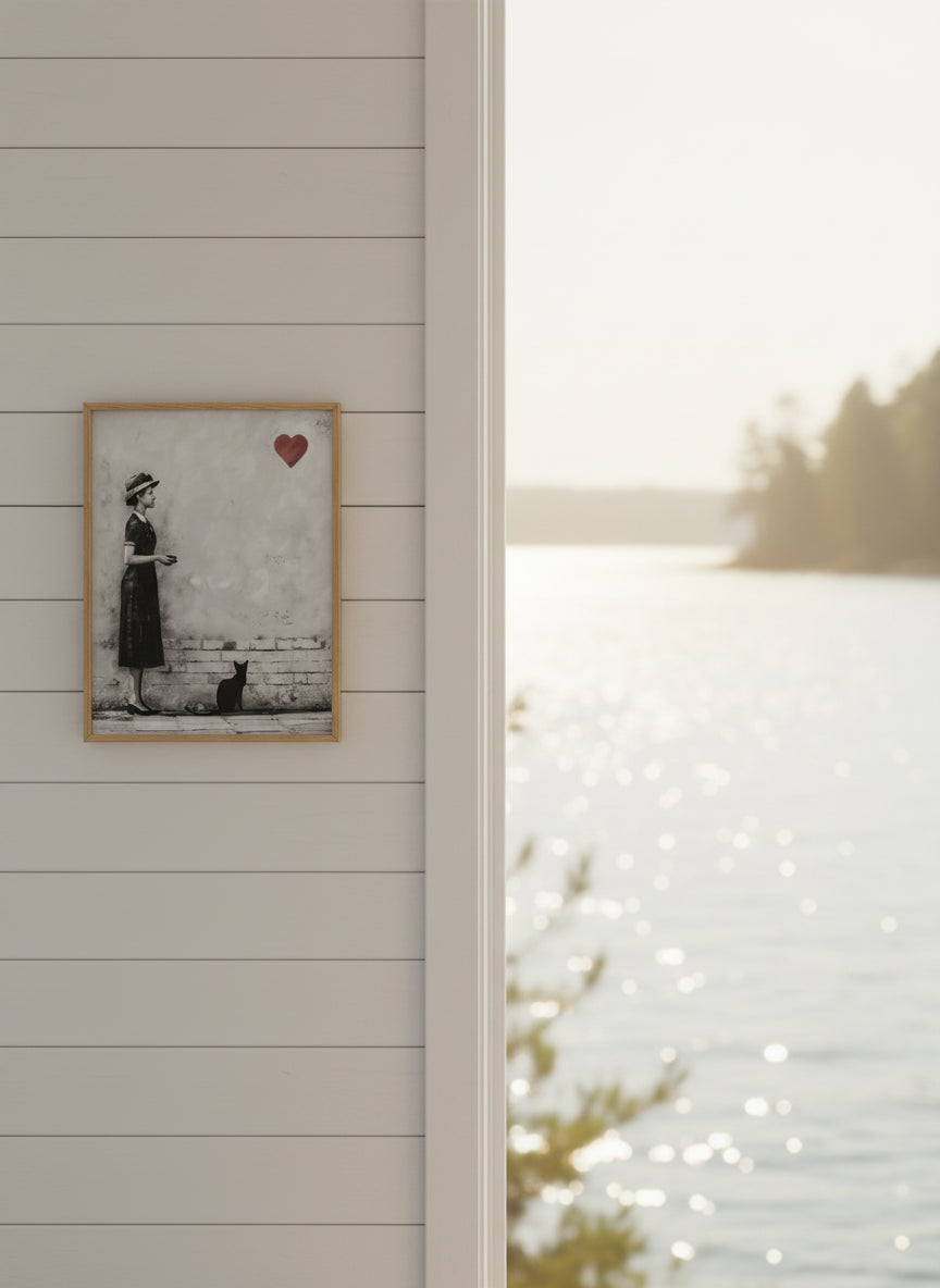 Woman Black Cat Heart Art art print shown in a shiplap blurred view setting