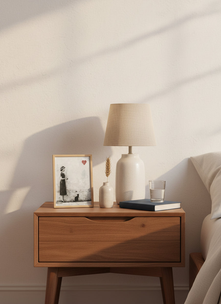 Woman Black Cat Heart Art art print shown in a small bedside oak setting