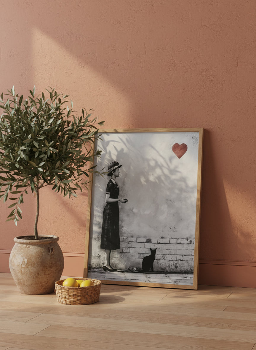 Woman Black Cat Heart Art art print shown in a terracotta rustic setting