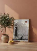 Woman Black Cat Heart Art art print shown in a terracotta rustic setting