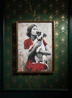 Vintage Woman Dog Portrait Art art print shown in a art deco geometric setting