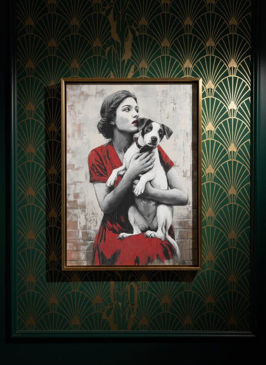 Vintage Woman Dog Portrait Art art print shown in a art deco geometric setting