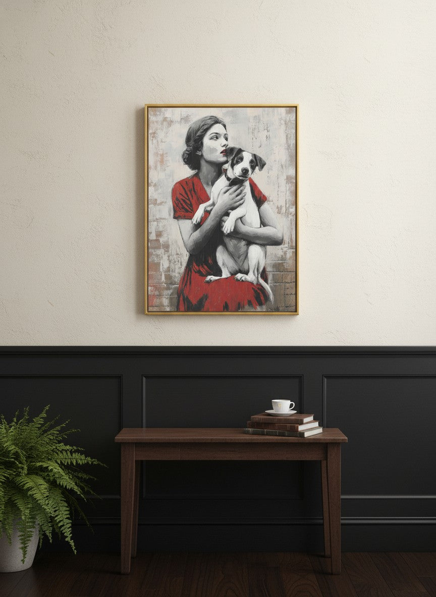 Vintage Woman Dog Portrait Art art print shown in a black wainscoting gold setting