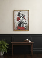 Vintage Woman Dog Portrait Art art print shown in a black wainscoting gold setting