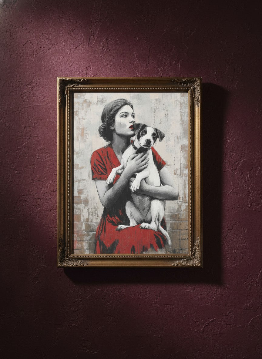 Vintage Woman Dog Portrait Art art print shown in a burgundy brass setting