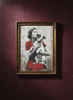 Vintage Woman Dog Portrait Art art print shown in a burgundy brass setting
