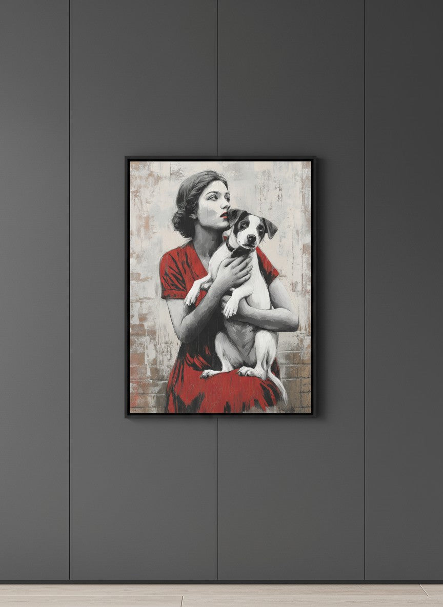 Vintage Woman Dog Portrait Art art print shown in a charcoal minimal black setting