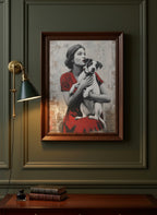 Vintage Woman Dog Portrait Art art print shown in a dark olive study setting