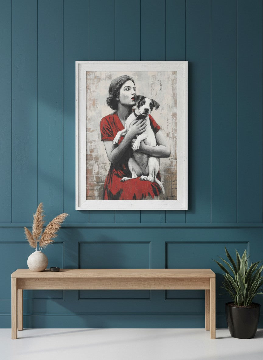 Vintage Woman Dog Portrait Art art print shown in a deep teal modern setting