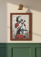 Vintage Woman Dog Portrait Art art print shown in a forest green walnut setting