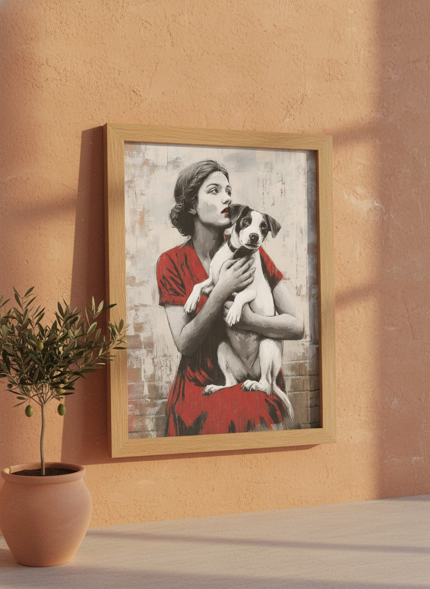 Vintage Woman Dog Portrait Art art print shown in a terracotta rustic setting