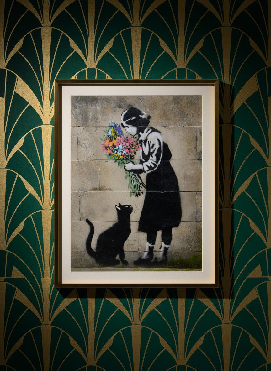 Street Art Girl Cat Flowers art print shown in a art deco geometric setting