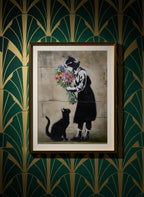 Street Art Girl Cat Flowers art print shown in a art deco geometric setting