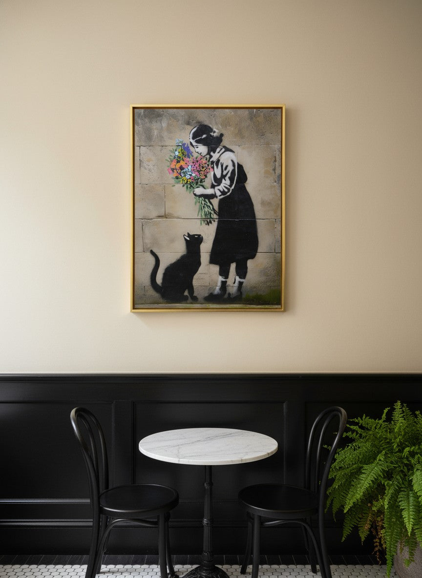 Street Art Girl Cat Flowers art print shown in a black wainscoting gold setting