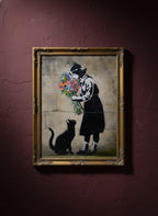 Street Art Girl Cat Flowers art print shown in a burgundy brass setting
