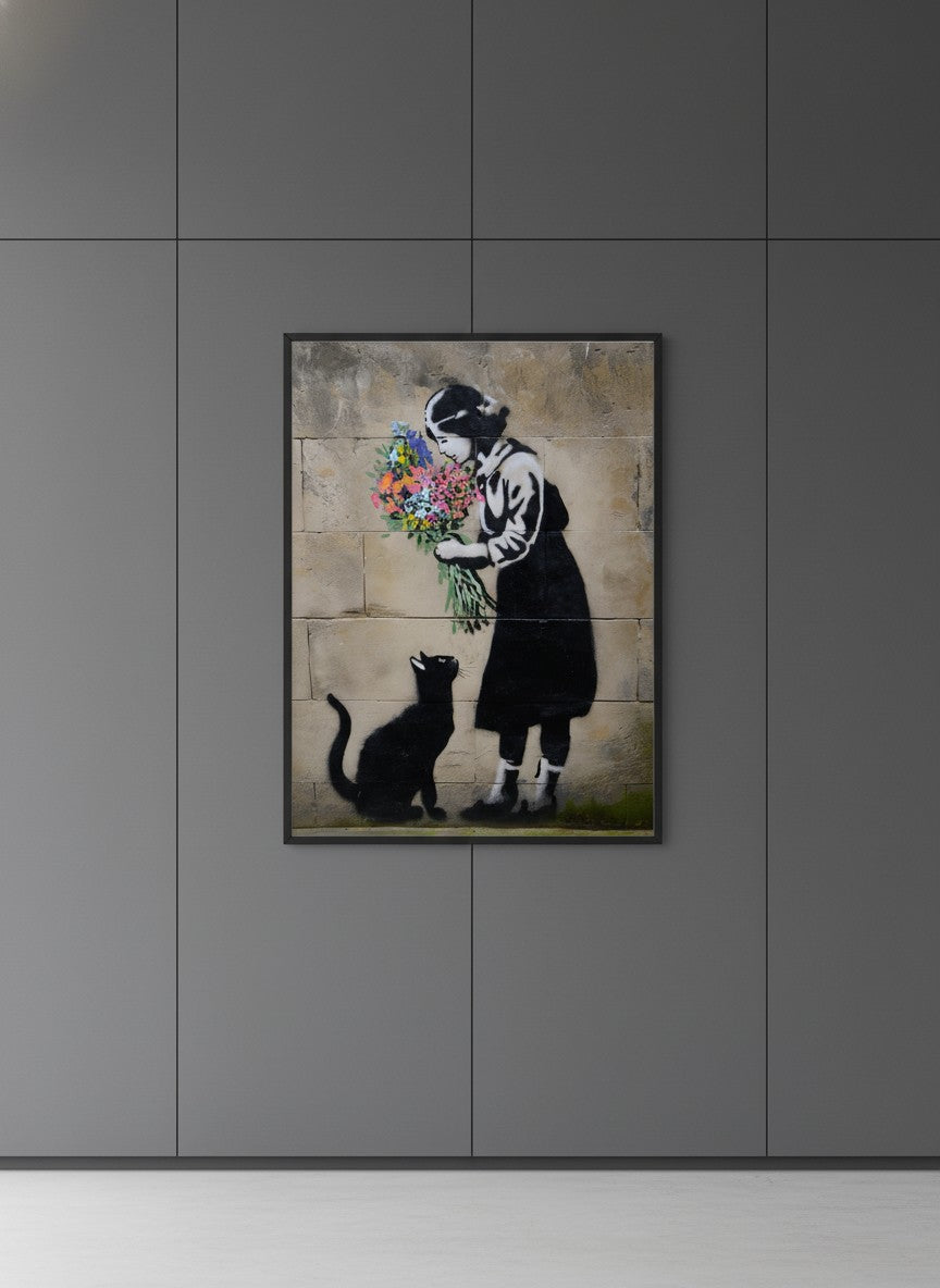 Street Art Girl Cat Flowers art print shown in a charcoal minimal black setting