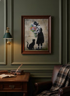 Street Art Girl Cat Flowers art print shown in a dark olive study setting