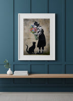 Street Art Girl Cat Flowers art print shown in a deep teal modern setting