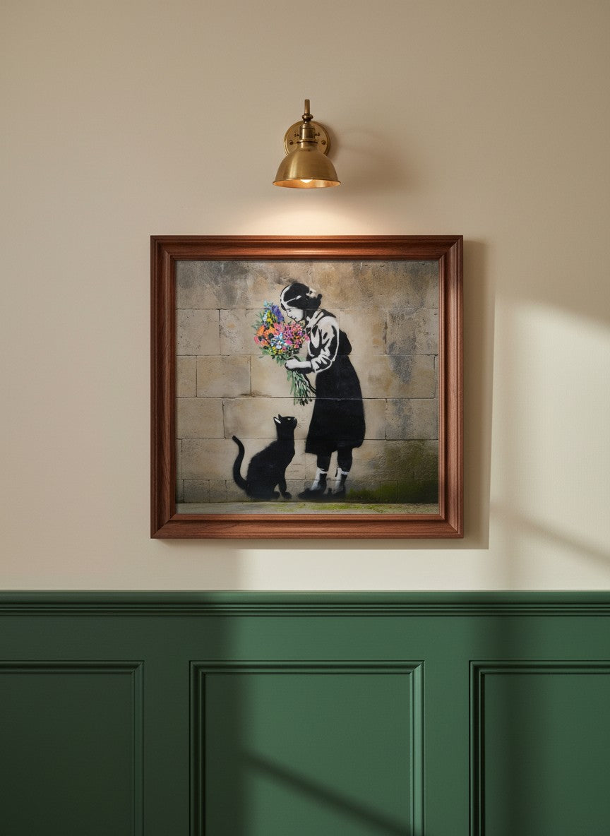 Street Art Girl Cat Flowers art print shown in a forest green walnut setting