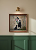 Street Art Girl Cat Flowers art print shown in a forest green walnut setting